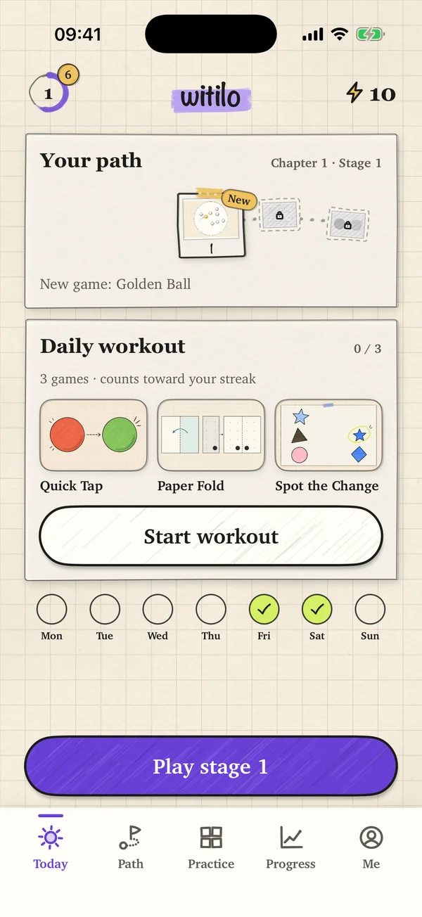The Today screen: your path, a daily workout of three games and the week's streak